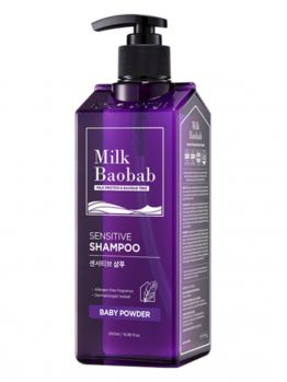 Бессульфатный и бессиликоновый шампунь с ароматом детской присыпки MILK BAOBAB Sensitive Shampoo Baby Powder